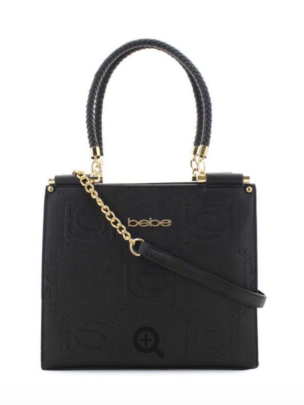 bebe Black Embossed Signature Satchel with Gold Accents